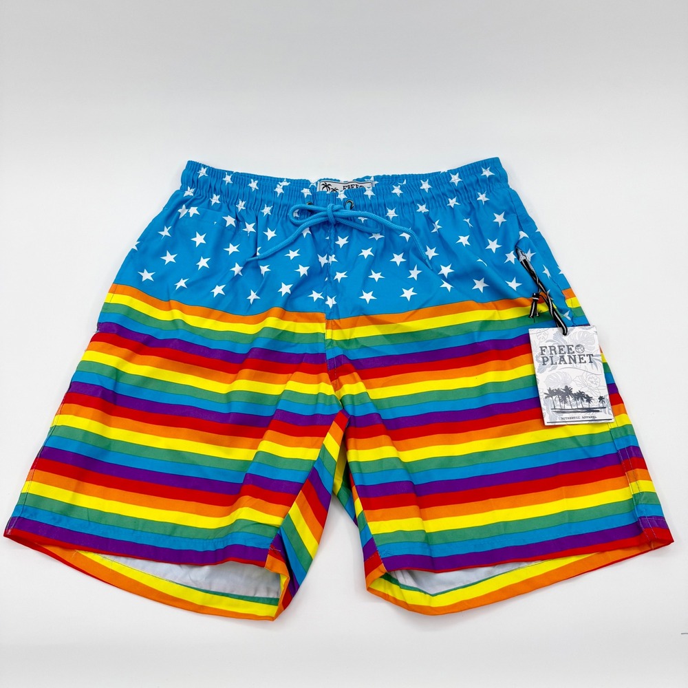 Free Planet Mens Rainbow Pride Stars‎ Swim Trunks Blue Medium FK9P34BLU NWT